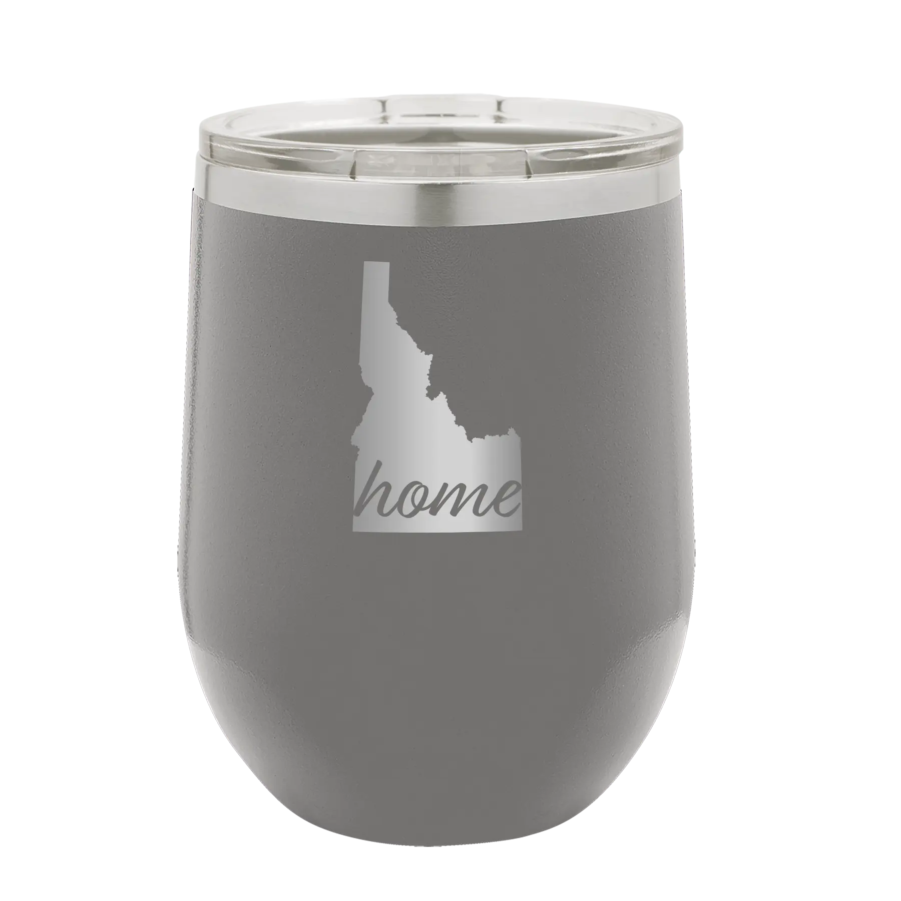 Laser etched dark gray 12 oz vacuum insulated wine cup with 'Idaho Home' design