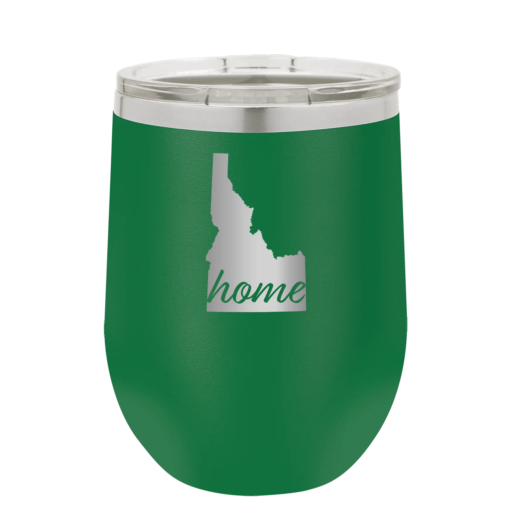 Laser etched green 12 oz vacuum insulated wine cup with 'Idaho Home' design