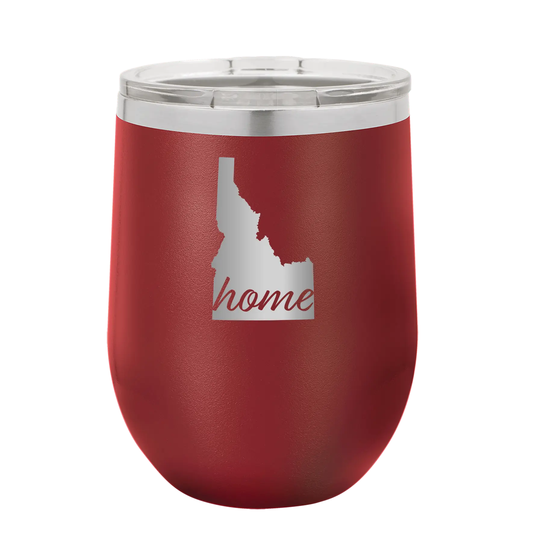 Laser etched maroon 12 oz vacuum insulated wine cup with 'Idaho Home' design