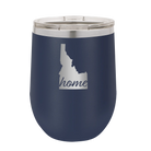 Laser etched navy 12 oz vacuum insulated wine cup with 'Idaho Home' design