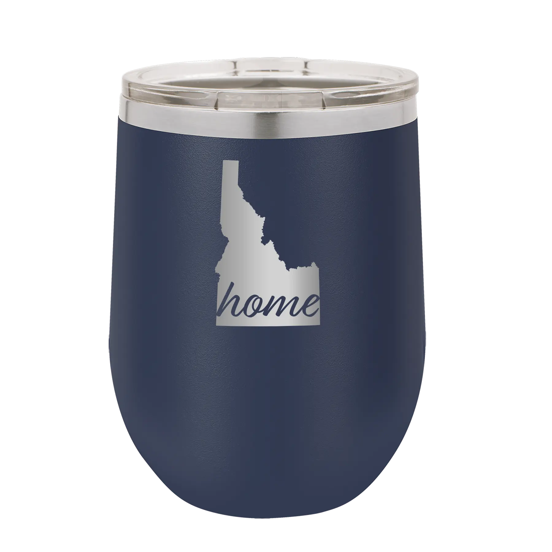 Laser etched navy 12 oz vacuum insulated wine cup with 'Idaho Home' design