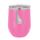 Laser etched pink 12 oz vacuum insulated wine cup with 'Idaho Home' design