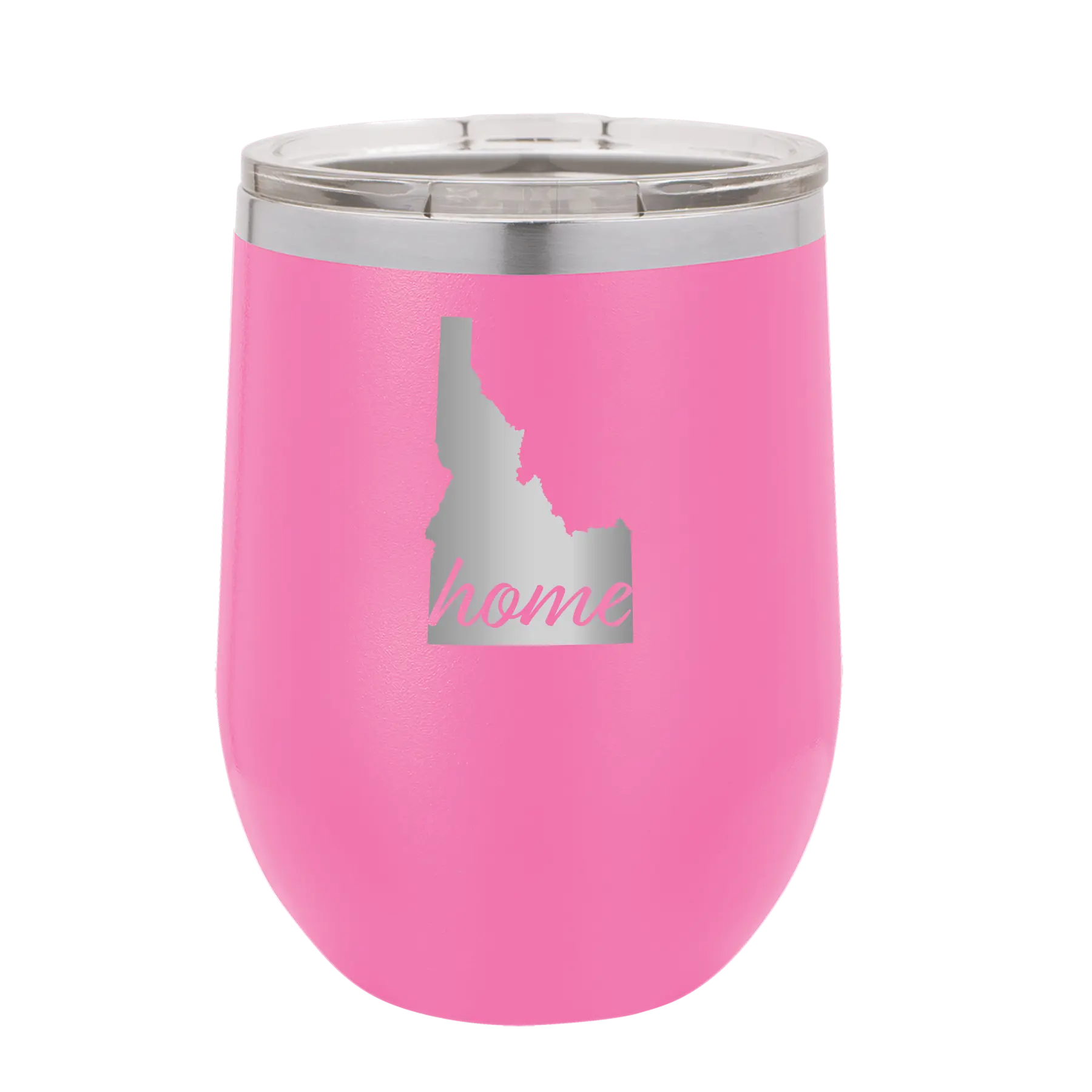 Laser etched pink 12 oz vacuum insulated wine cup with 'Idaho Home' design