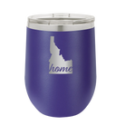 Laser etched purple 12 oz vacuum insulated wine cup with 'Idaho Home' design