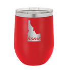 Laser etched red 12 oz vacuum insulated wine cup with 'Idaho Home' design