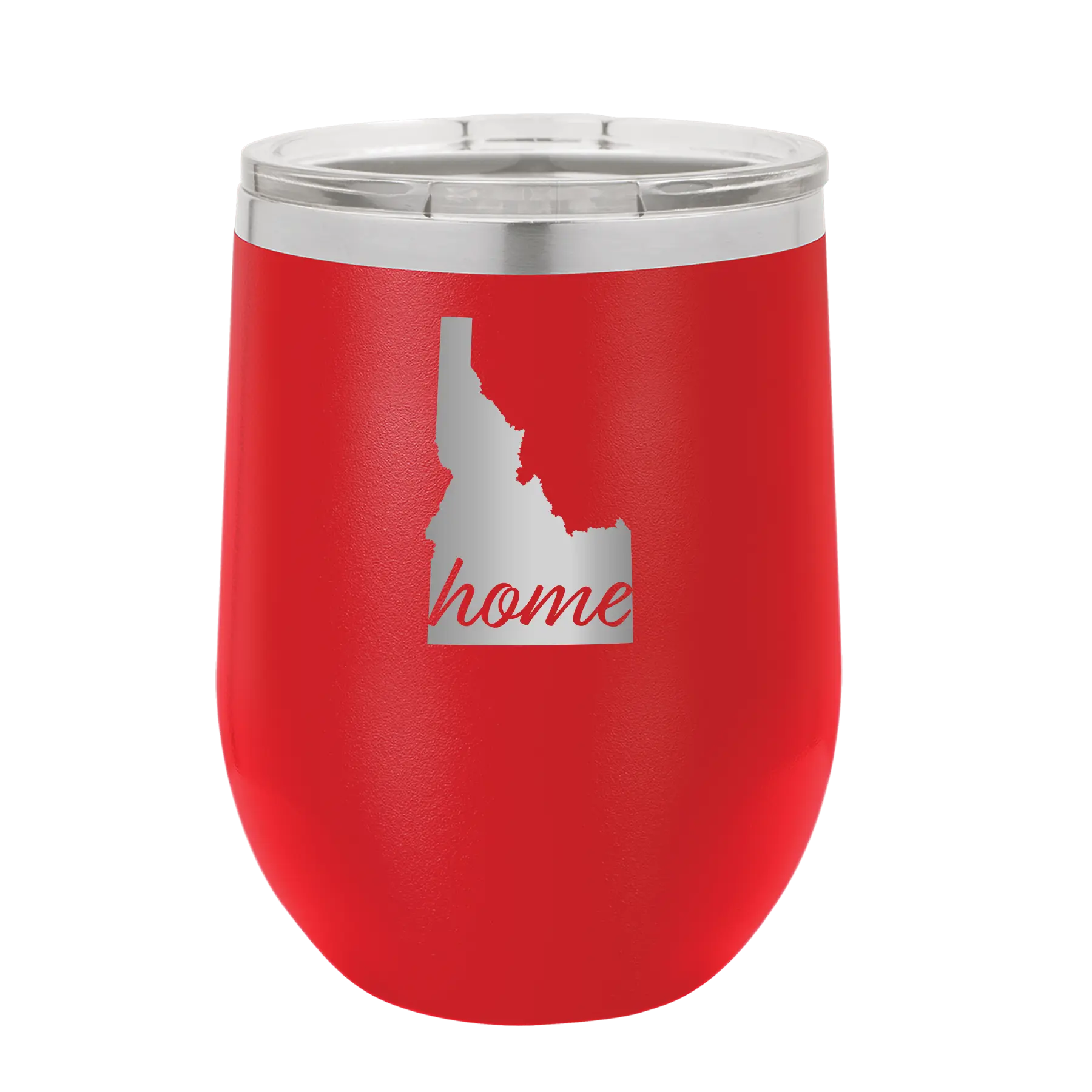 Laser etched red 12 oz vacuum insulated wine cup with 'Idaho Home' design