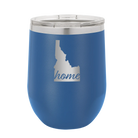 Laser etched royal blue 12 oz vacuum insulated wine cup with 'Idaho Home' design