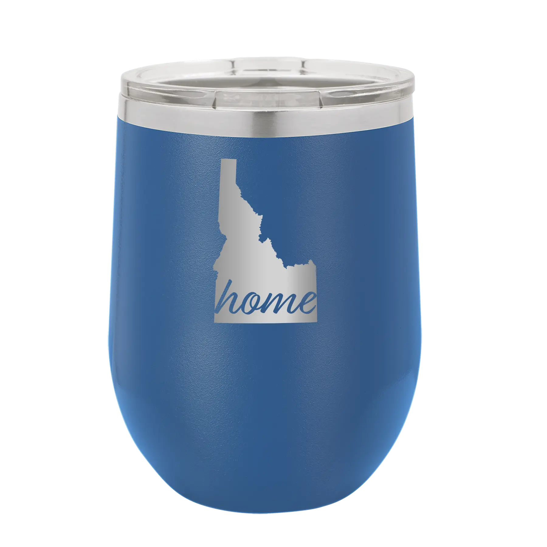 Laser etched royal blue 12 oz vacuum insulated wine cup with 'Idaho Home' design