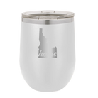 Laser etched white 12 oz vacuum insulated wine cup with 'Idaho Home' design