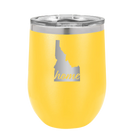 Laser etched yellow 12 oz vacuum insulated wine cup with 'Idaho Home' design