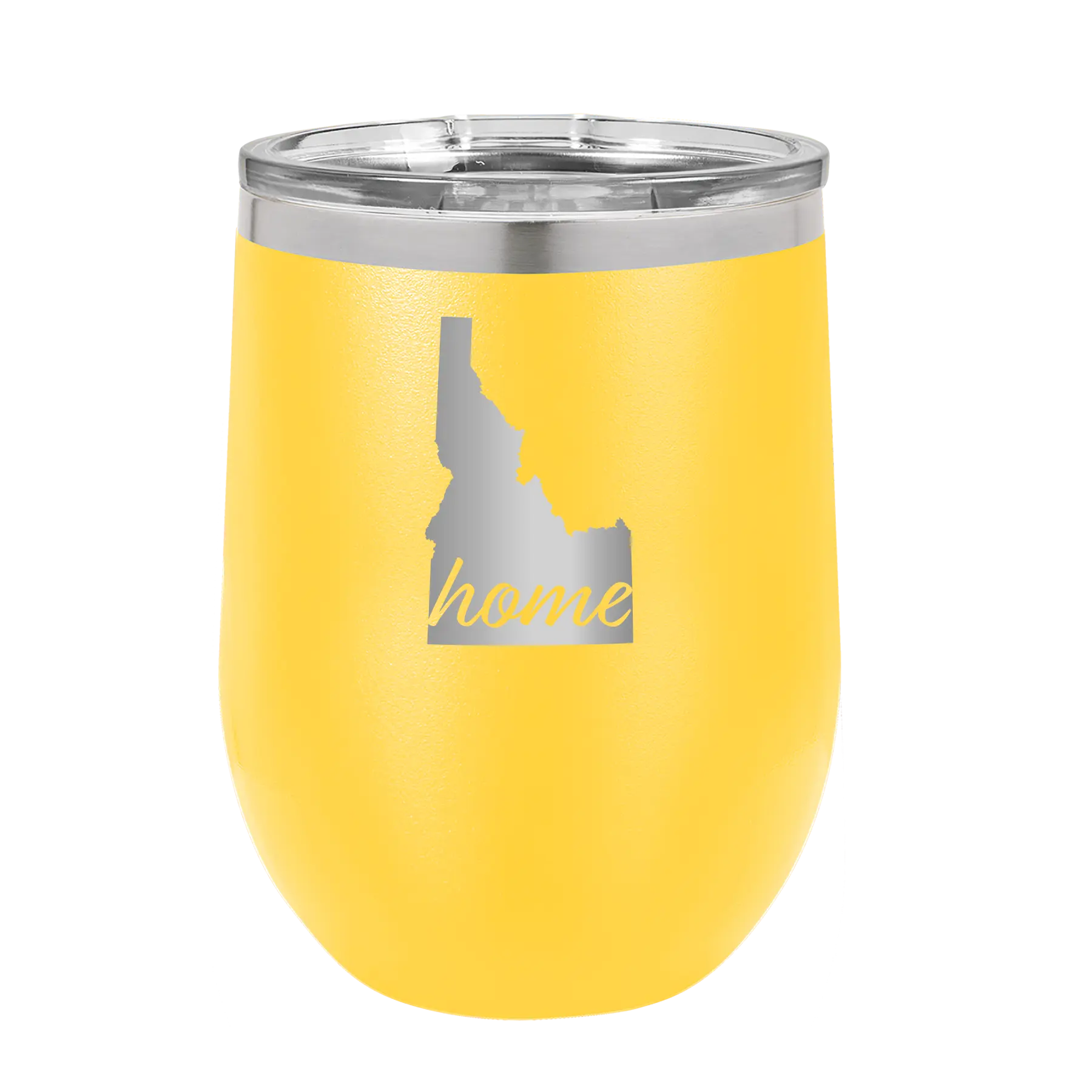 Laser etched yellow 12 oz vacuum insulated wine cup with 'Idaho Home' design