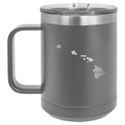 Laser etched dark gray 15 oz vacuum insulated coffee mug with 'Hawaii Home' design