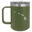 Laser etched olive green 15 oz vacuum insulated coffee mug with 'Hawaii Home' design