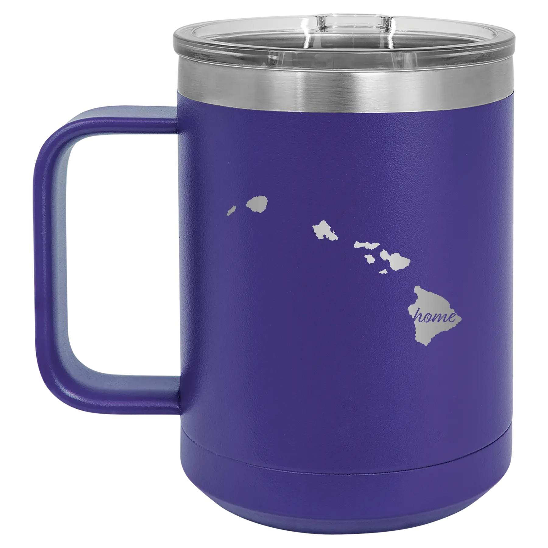 Laser etched purple 15 oz vacuum insulated coffee mug with 'Hawaii Home' design