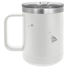 Laser etched white 15 oz vacuum insulated coffee mug with 'Hawaii Home' design