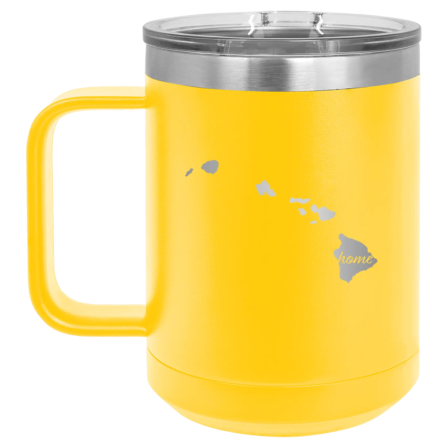 Laser etched yellow 15 oz vacuum insulated coffee mug with 'Hawaii Home' design