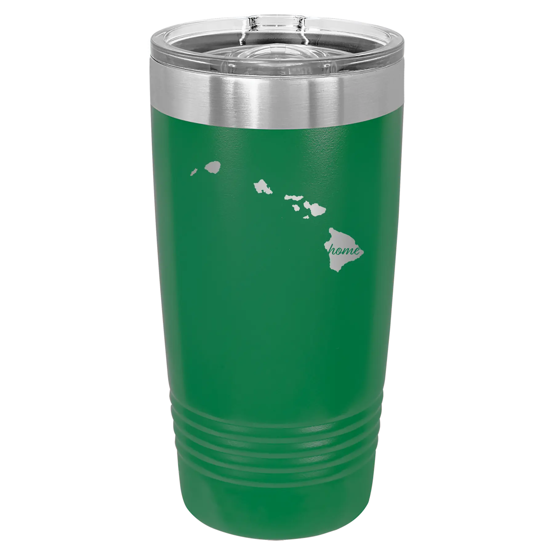 Laser etched green 20 oz vacuum insulated tumbler with 'Hawaii Home' design