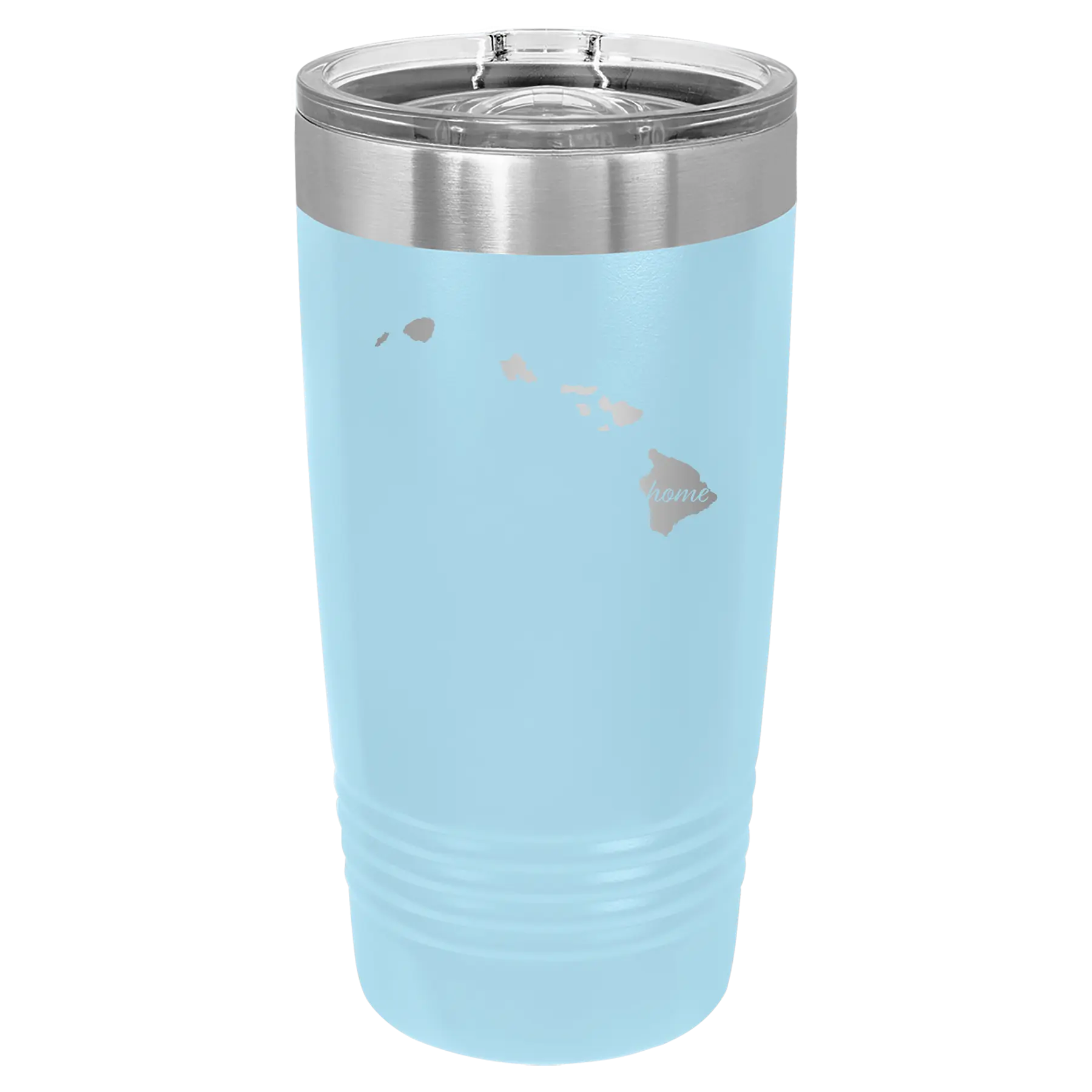 Laser etched light blue 20 oz vacuum insulated tumbler with 'Hawaii Home' design