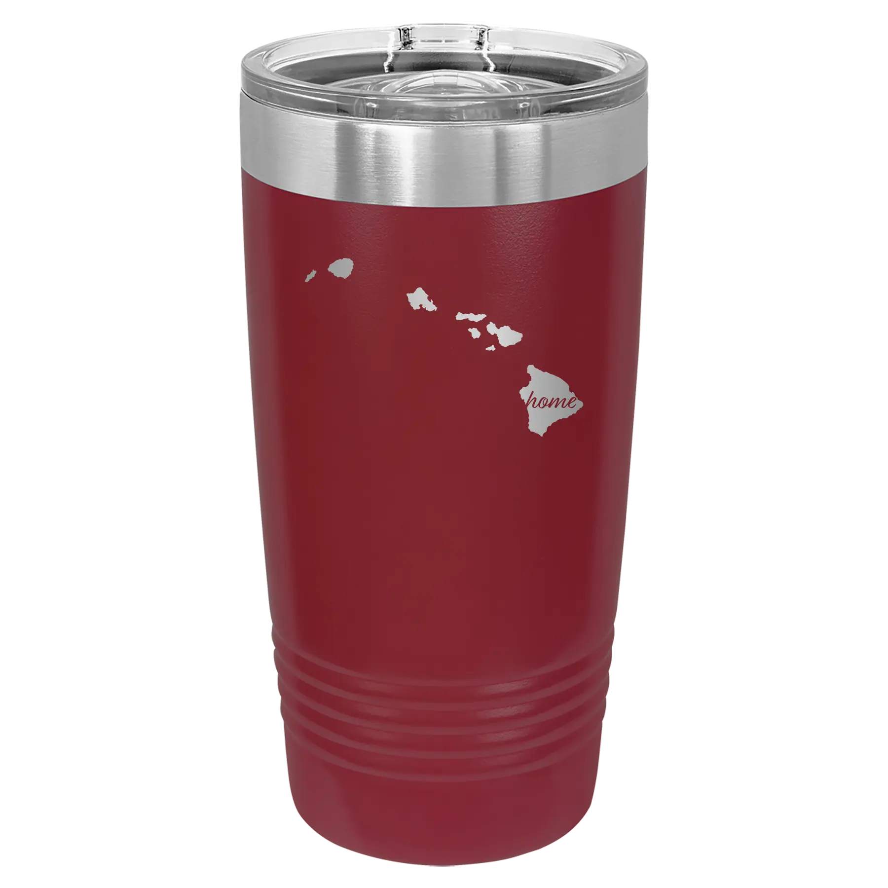 Laser etched maroon 20 oz vacuum insulated tumbler with 'Hawaii Home' design