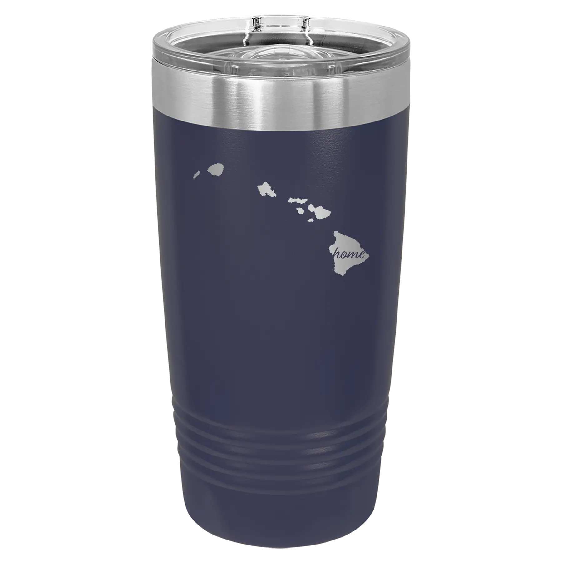 Laser etched navy 20 oz vacuum insulated tumbler with 'Hawaii Home' design