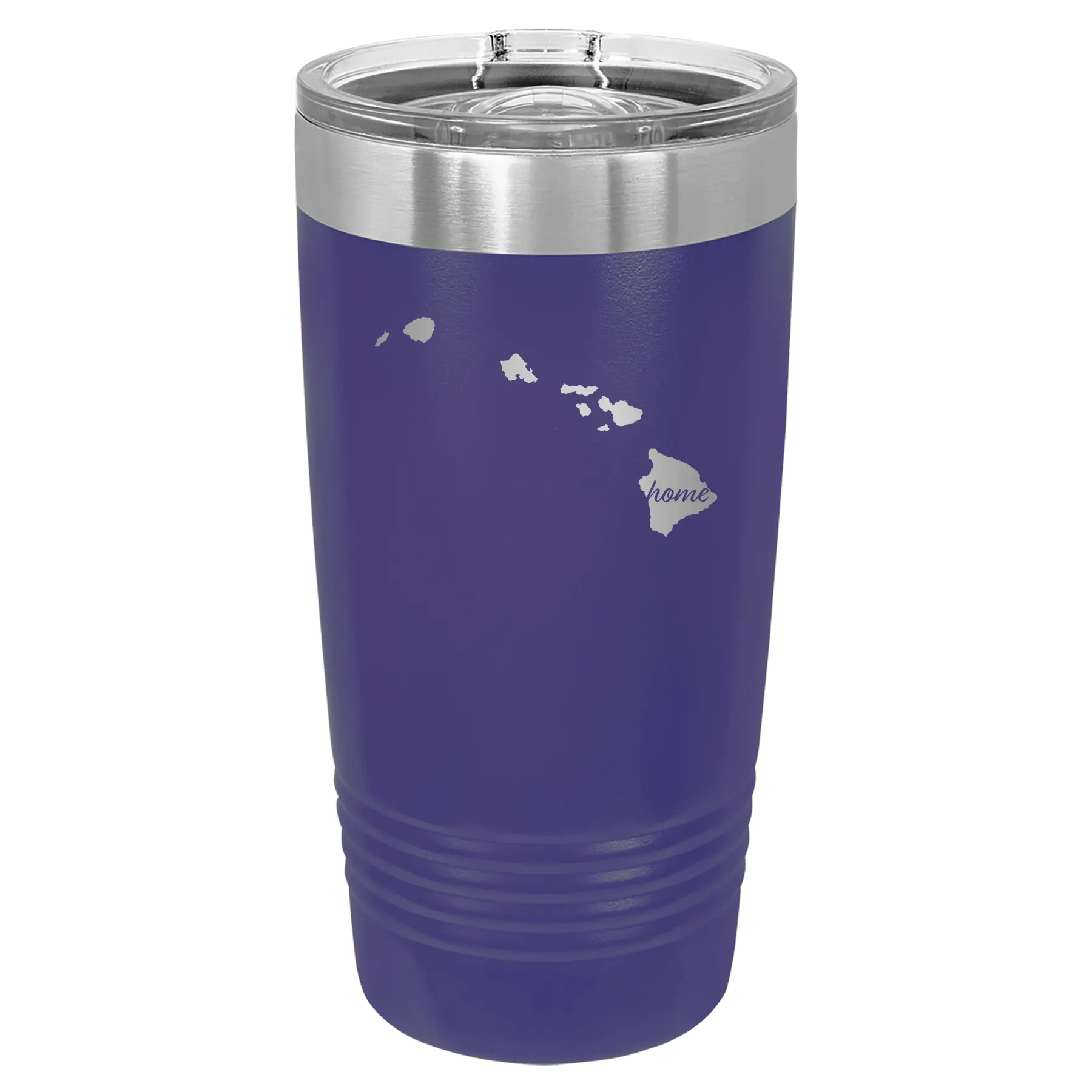 Laser etched purple 20 oz vacuum insulated tumbler with 'Hawaii Home' design