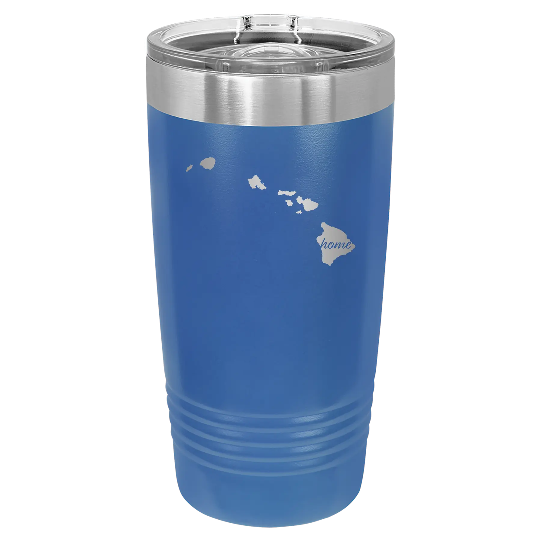 Laser etched royal blue 20 oz vacuum insulated tumbler with 'Hawaii Home' design