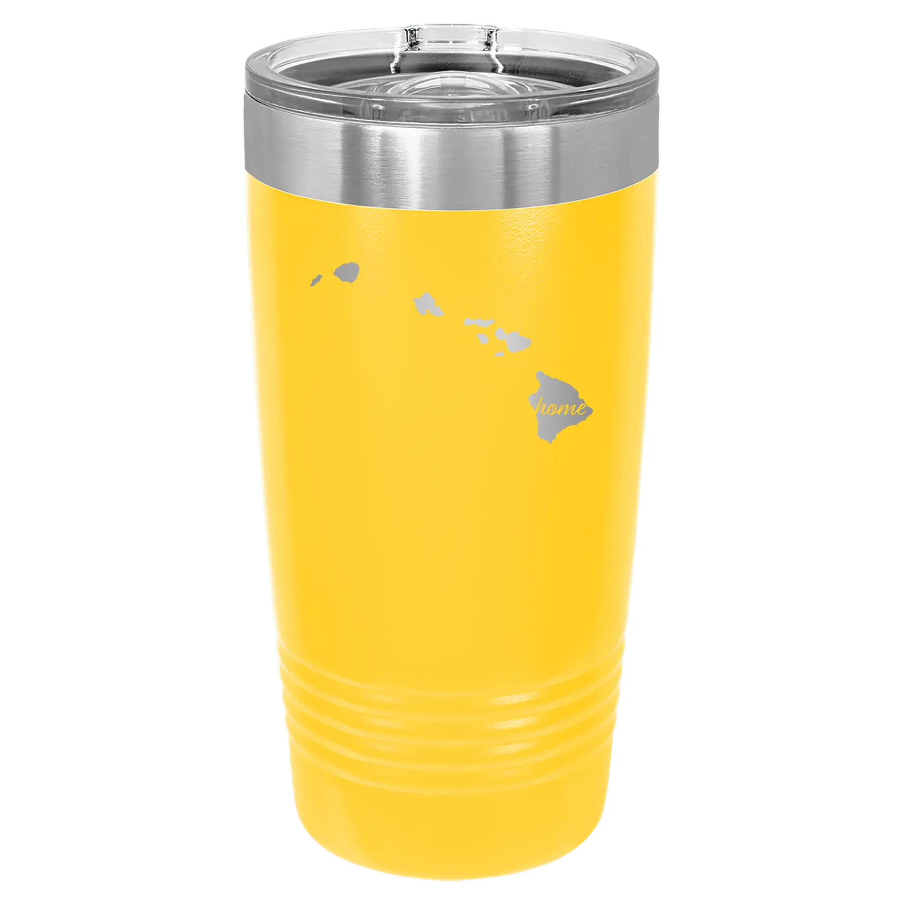 Laser etched yellow 20 oz vacuum insulated tumbler with 'Hawaii Home' design
