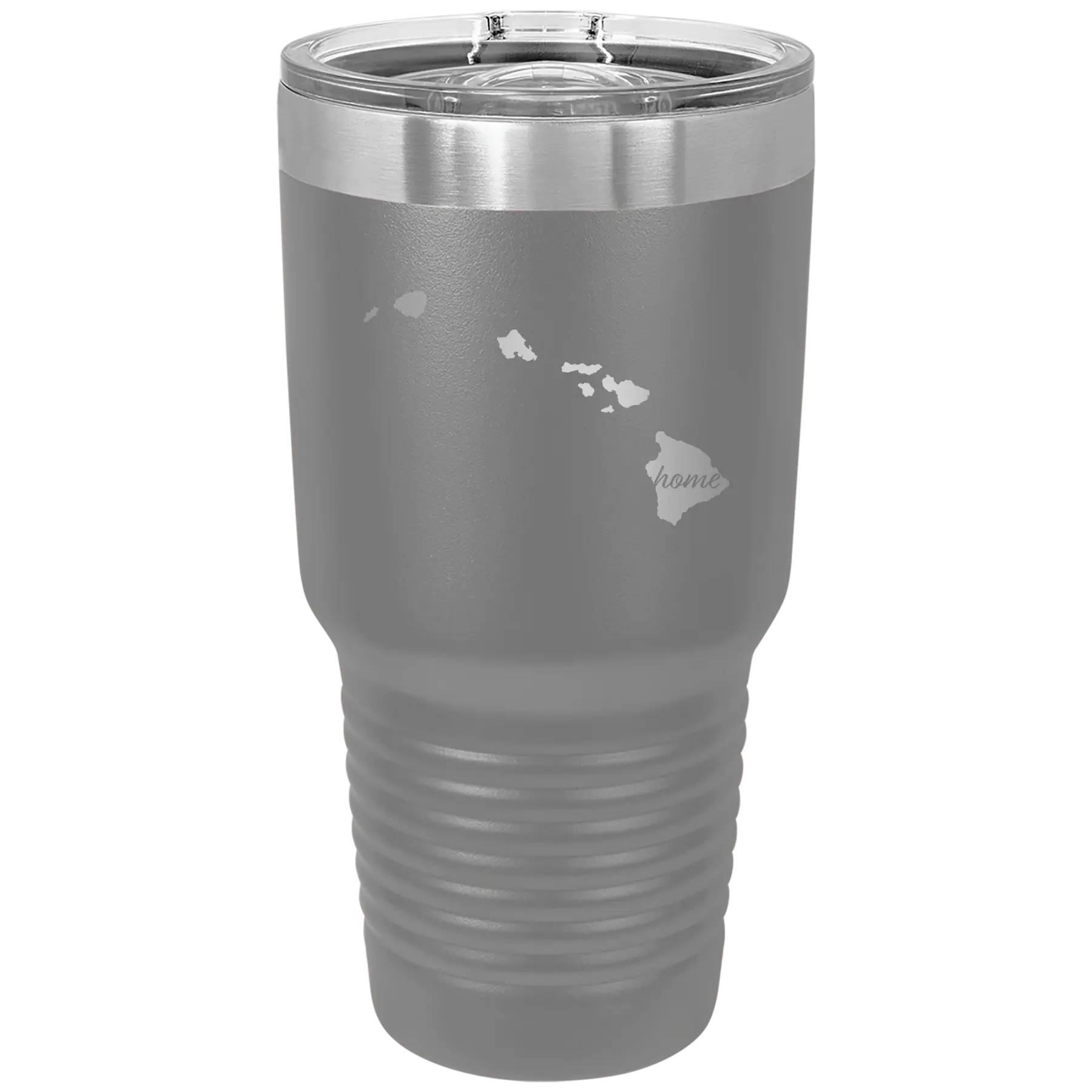 Laser etched dark gray 30 oz vacuum insulated tumbler with 'Hawaii Home' design
