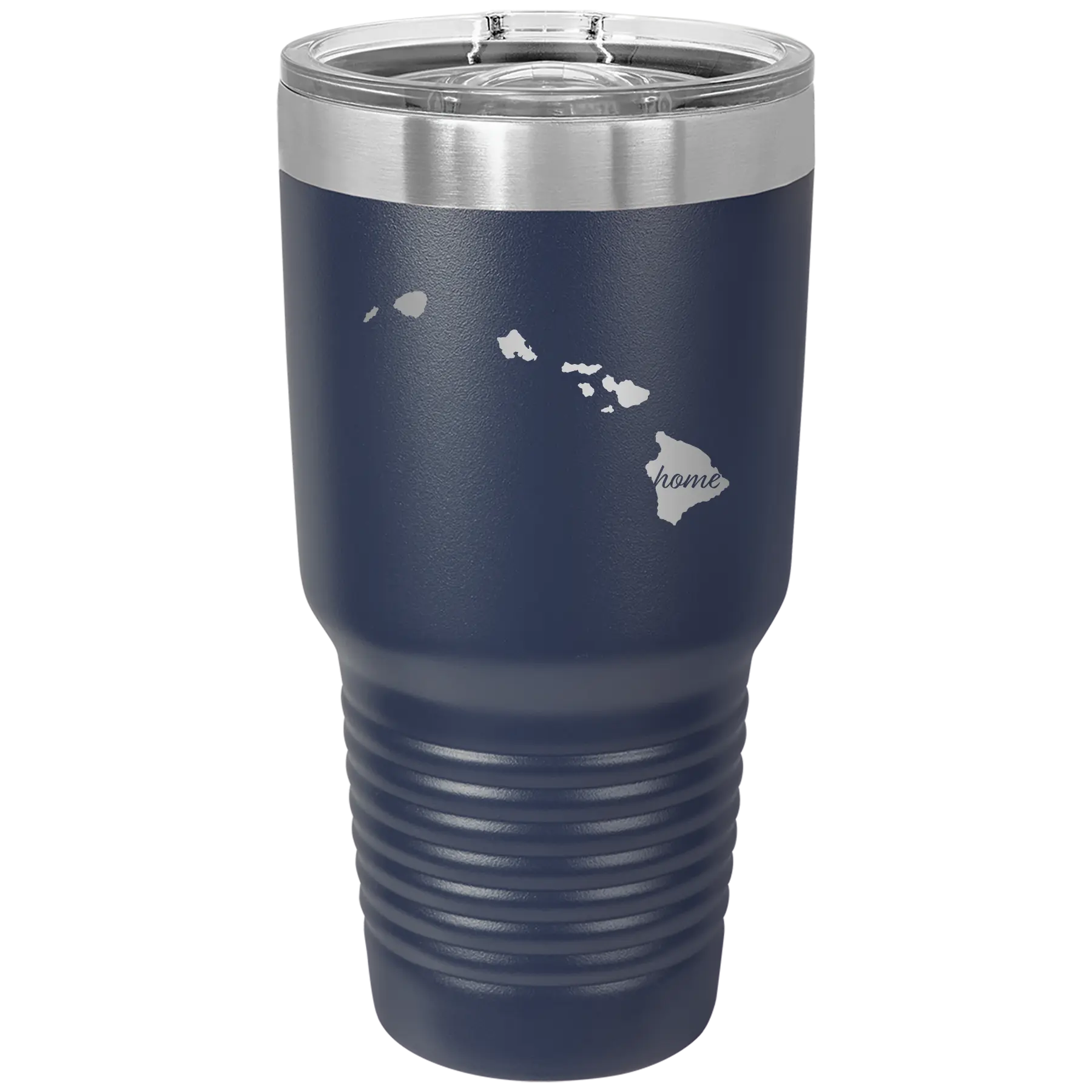 Laser etched navy 30 oz vacuum insulated tumbler with 'Hawaii Home' design
