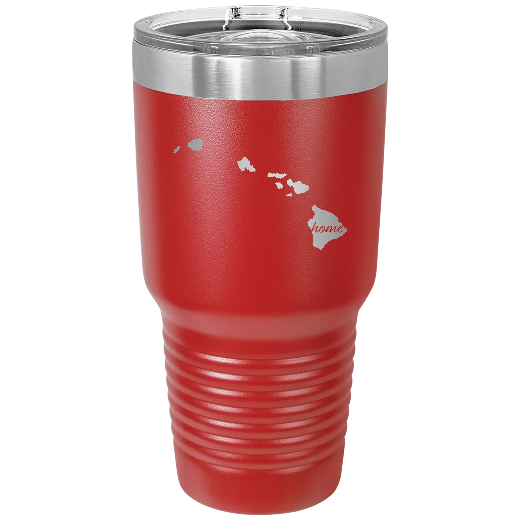 Laser etched red 30 oz vacuum insulated tumbler with 'Hawaii Home' design