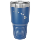 Laser etched royal blue 30 oz vacuum insulated tumbler with 'Hawaii Home' design