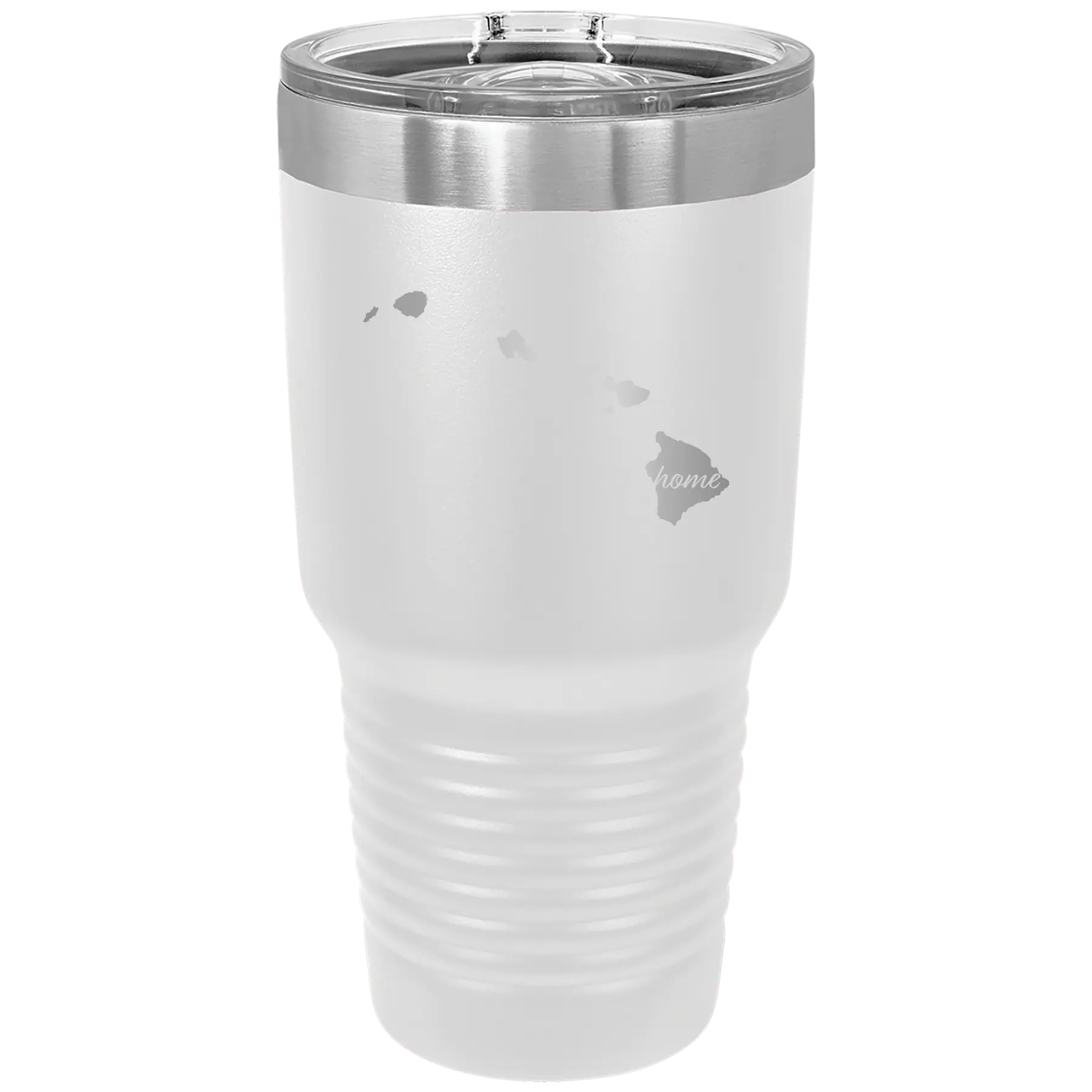 Laser etched white 30 oz vacuum insulated tumbler with 'Hawaii Home' design