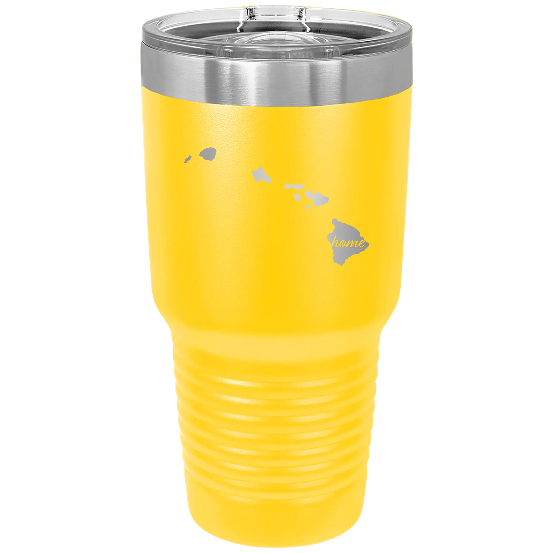 Laser etched yellow 30 oz vacuum insulated tumbler with 'Hawaii Home' design