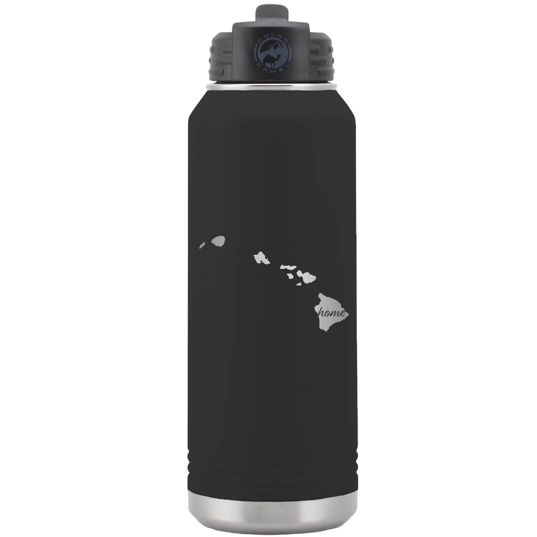 Laser etched black 32 oz vacuum insulated water bottle with 'Hawaii Home' design