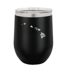 Laser etched black 12 oz vacuum insulated wine cup with 'Hawaii Home' design