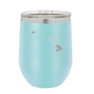 Laser etched light blue 12 oz vacuum insulated wine cup with 'Hawaii Home' design