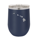 Laser etched navy 12 oz vacuum insulated wine cup with 'Hawaii Home' design
