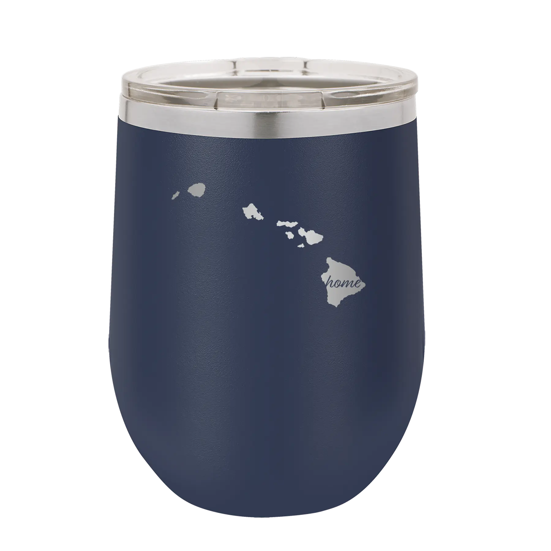 Laser etched navy 12 oz vacuum insulated wine cup with 'Hawaii Home' design