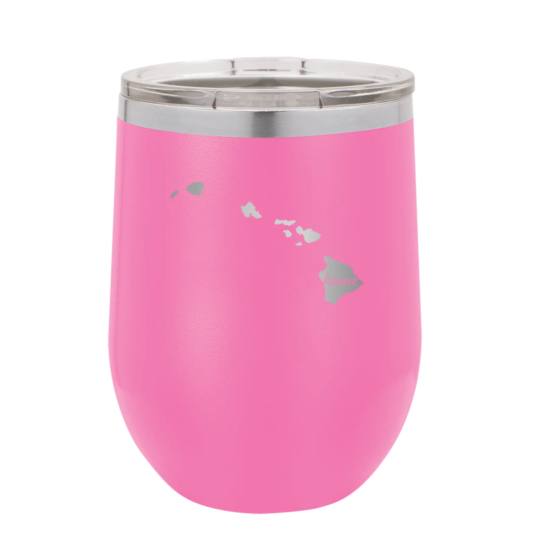 Laser etched pink 12 oz vacuum insulated wine cup with 'Hawaii Home' design