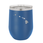Laser etched royal blue 12 oz vacuum insulated wine cup with 'Hawaii Home' design
