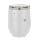 Laser etched white 12 oz vacuum insulated wine cup with 'Hawaii Home' design
