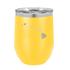 Laser etched yellow 12 oz vacuum insulated wine cup with 'Hawaii Home' design