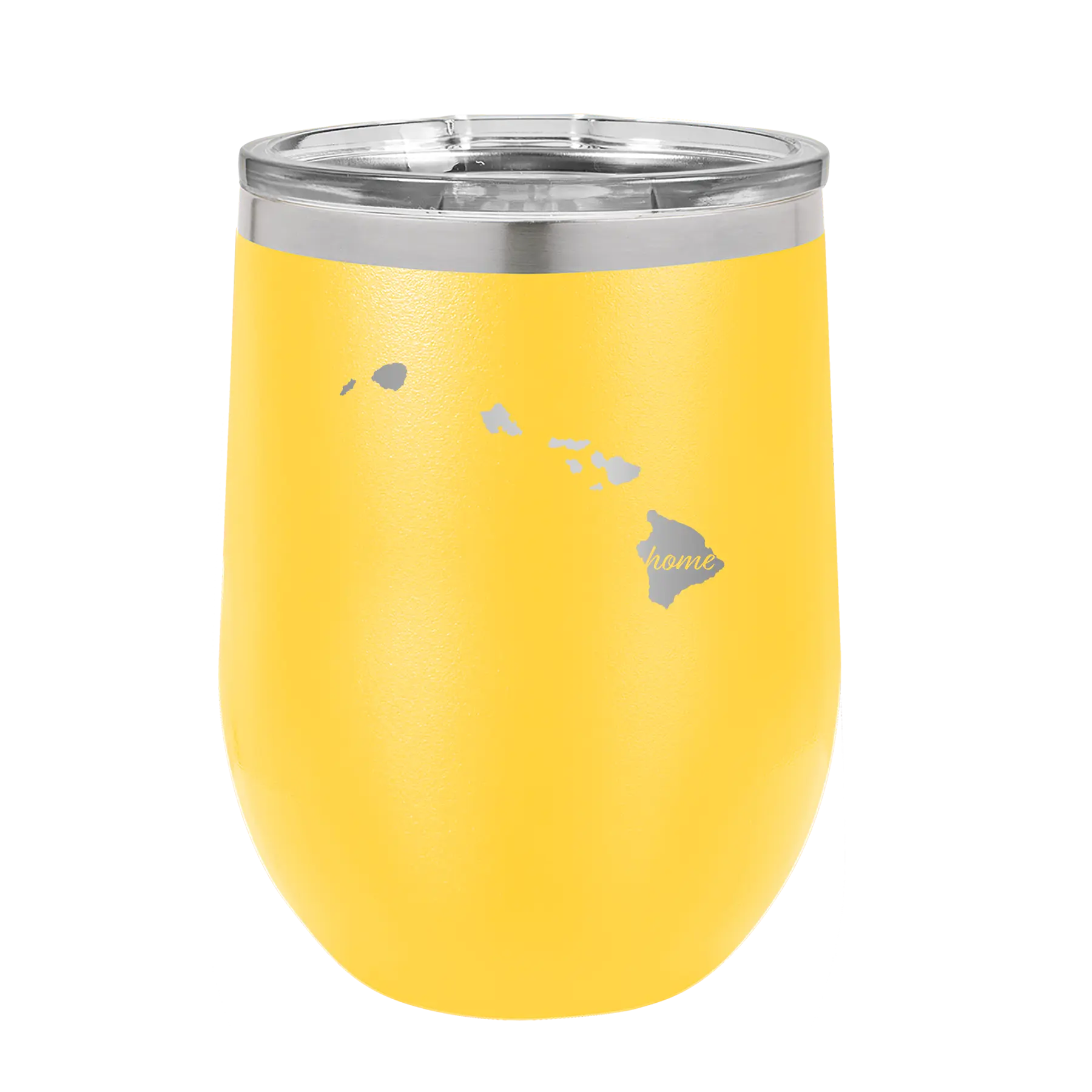 Laser etched yellow 12 oz vacuum insulated wine cup with 'Hawaii Home' design