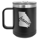 Laser etched black 15 oz vacuum insulated coffee mug with 'Georgia Home' design
