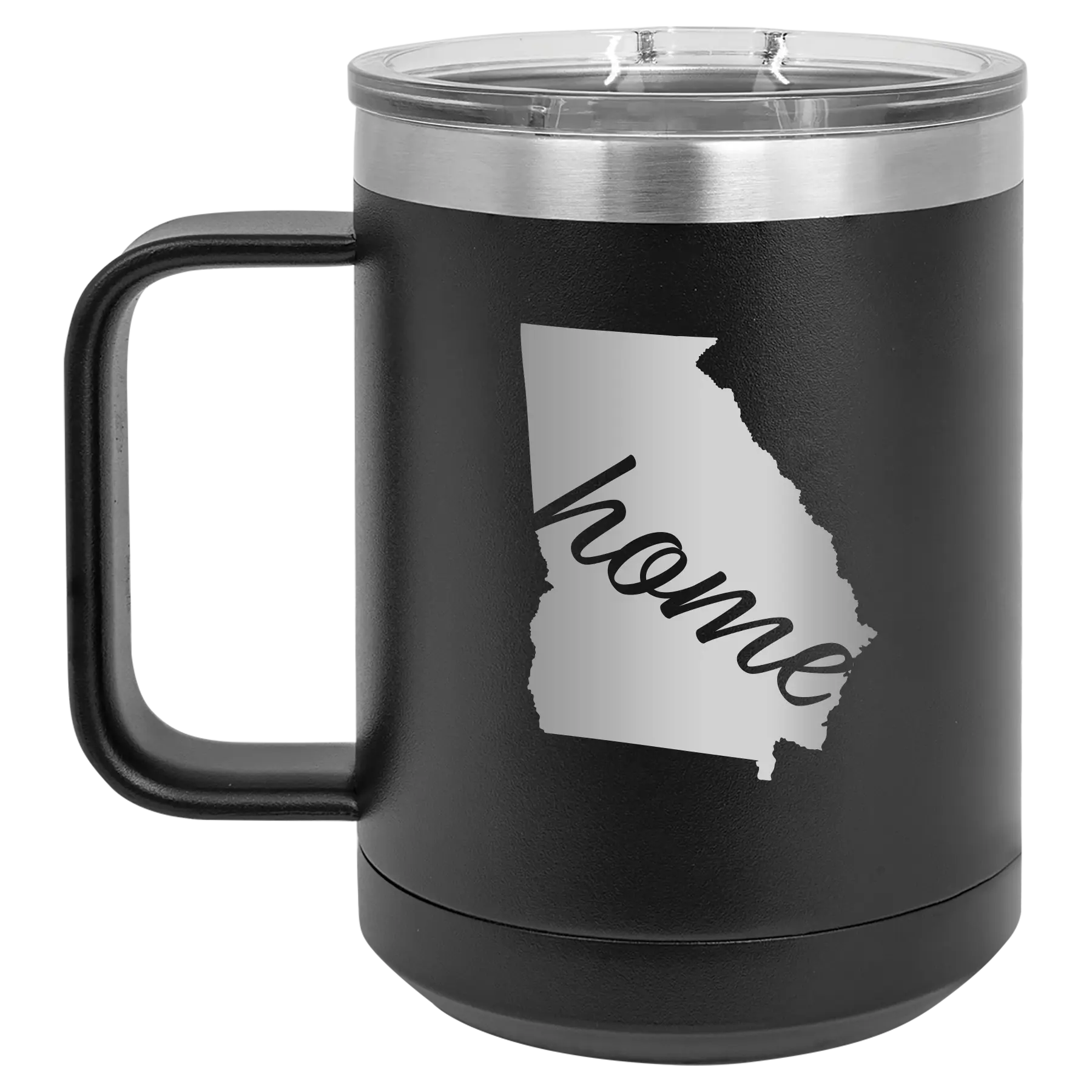 Laser etched black 15 oz vacuum insulated coffee mug with 'Georgia Home' design