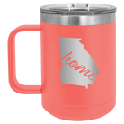 Laser etched coral 15 oz vacuum insulated coffee mug with 'Georgia Home' design