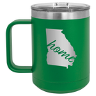 Laser etched green 15 oz vacuum insulated coffee mug with 'Georgia Home' design
