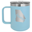 Laser etched light blue 15 oz vacuum insulated coffee mug with 'Georgia Home' design