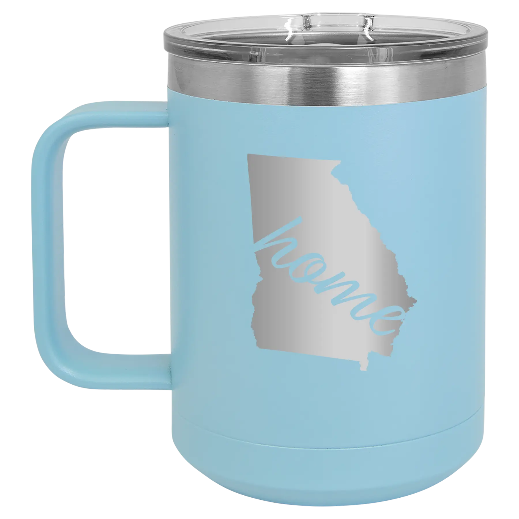 Laser etched light blue 15 oz vacuum insulated coffee mug with 'Georgia Home' design
