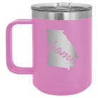 Laser etched light purple 15 oz vacuum insulated coffee mug with 'Georgia Home' design